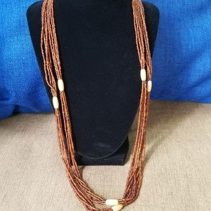 Long Micro strand bead and wood  barrel Necklace